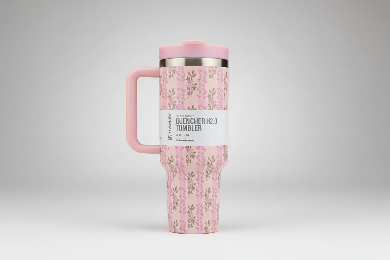 Pink floral-patterned tumbler with a handle on a white background