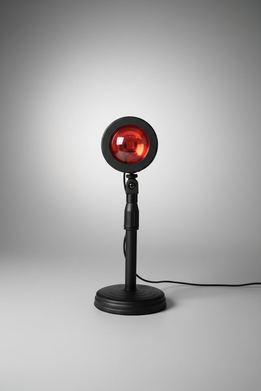 A floor lamp with a round orange light bulb projecting a sunset-like glow, mounted on a black base with a cord.
