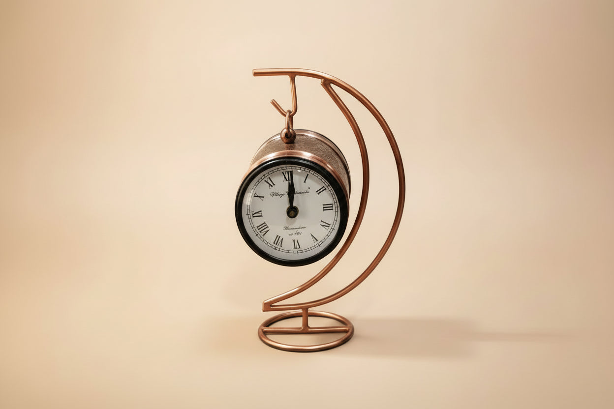 Decorative metal clock with a copper finish 