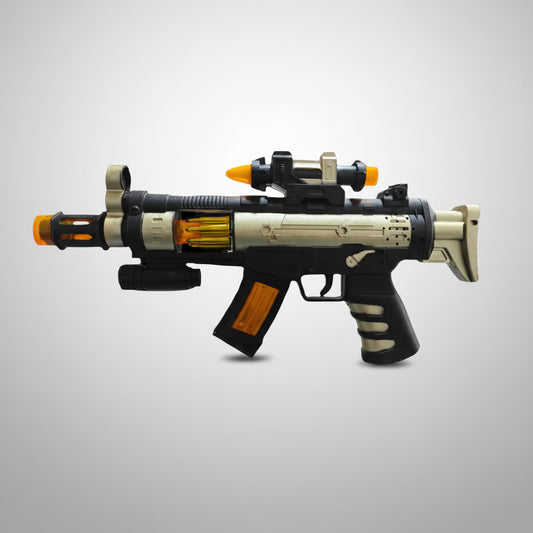 A toy gun with a silver body, black grip, and orange buttons designed for children.