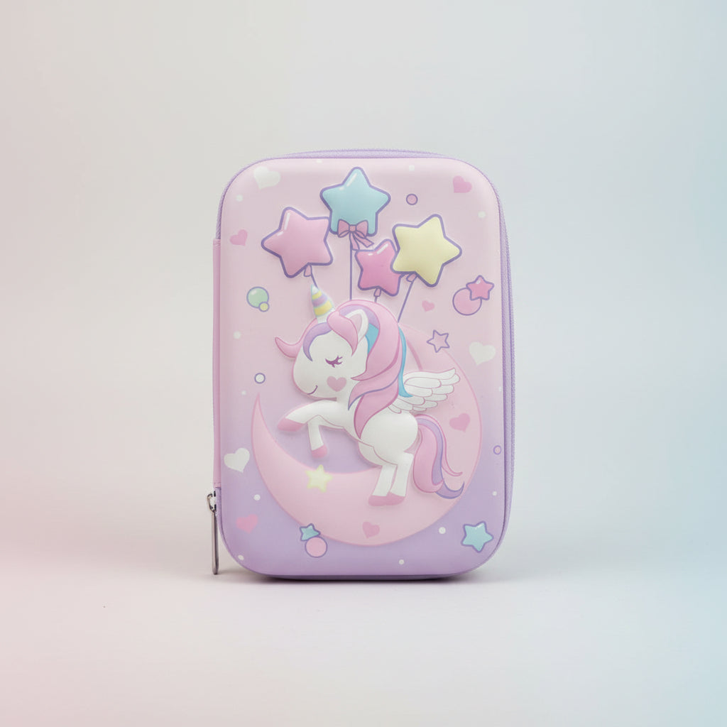 A purple pencil pouch featuring a white unicorn with stars and a moon, closed with a zipper.