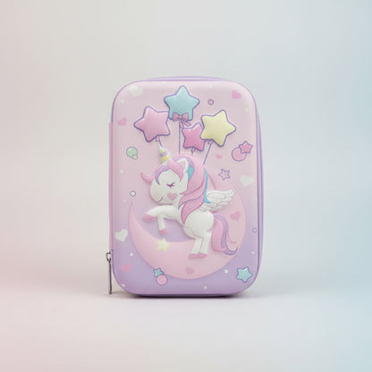 A purple pencil pouch featuring a white unicorn with stars and a moon, closed with a zipper.