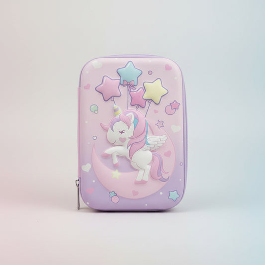 A purple pencil pouch featuring a white unicorn with stars and a moon, closed with a zipper.