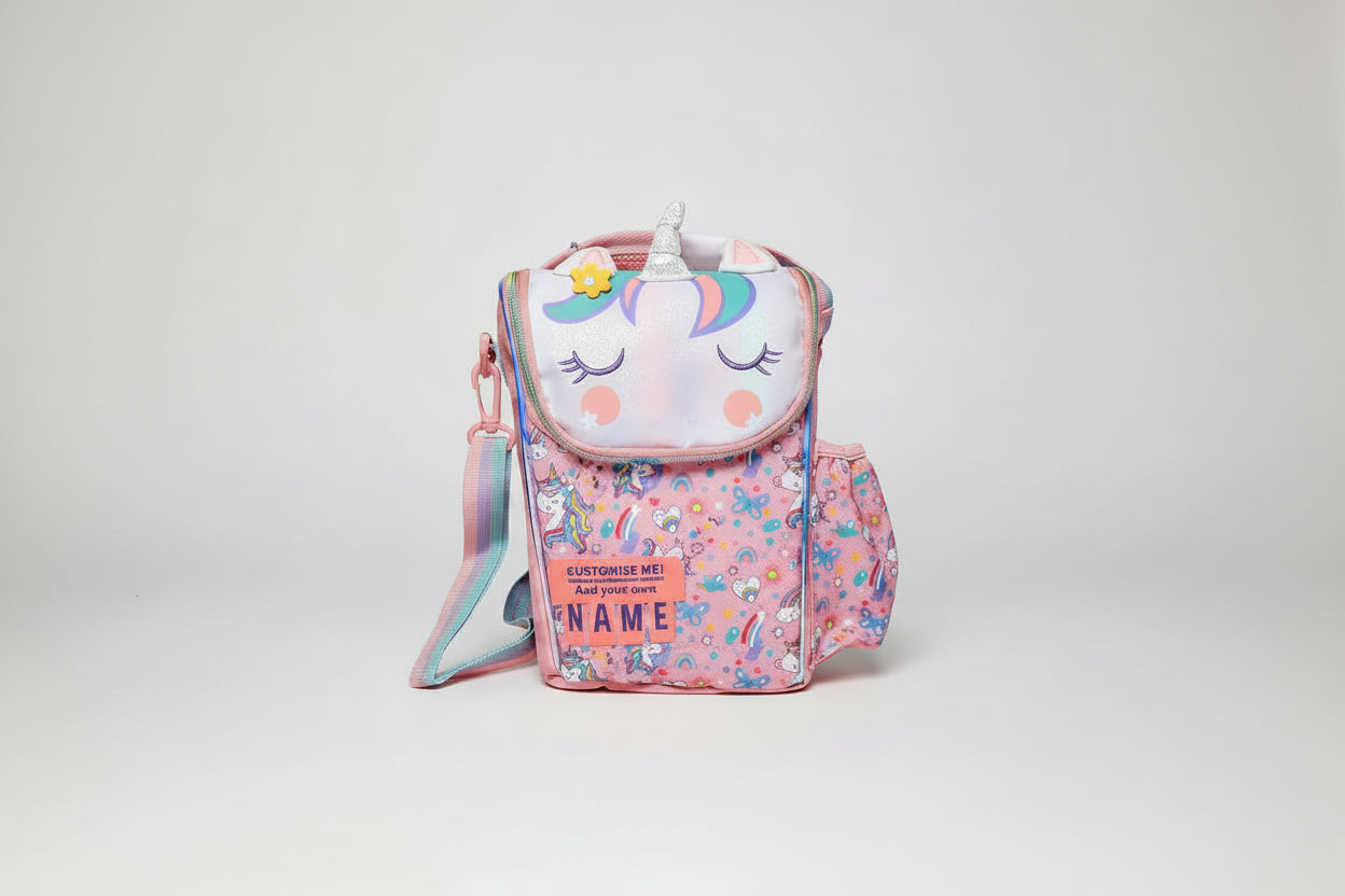 A pink insulated lunch bag featuring a unicorn face and various colorful patterns, with a customizable name option.