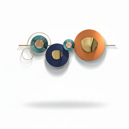 A contemporary decorative wall art featuring a series of round iron plates in various colors including gold, blue, orange, and multicolor tones, mounted on a white wall above a bed with a grey headboard.