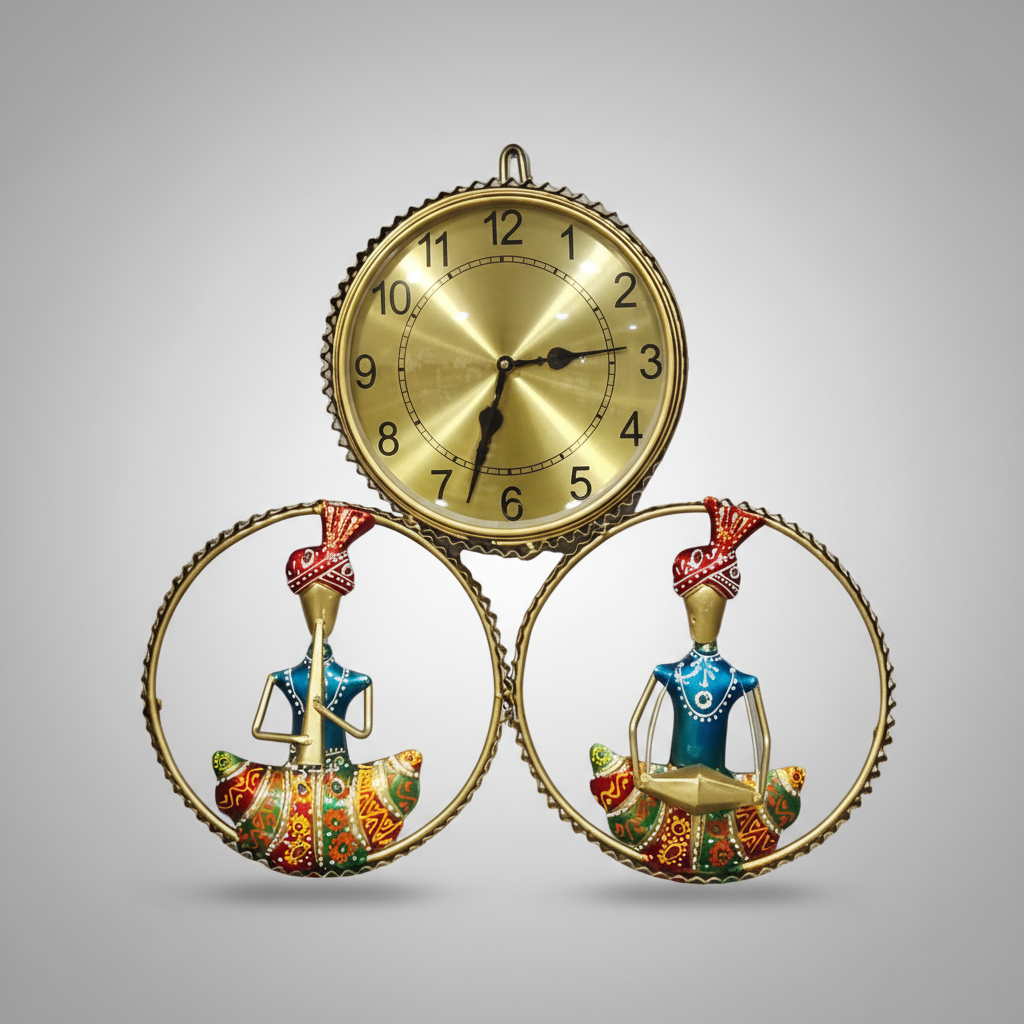 A decorative metal wall panel featuring three connected rings with musical notes and a clock in the center.