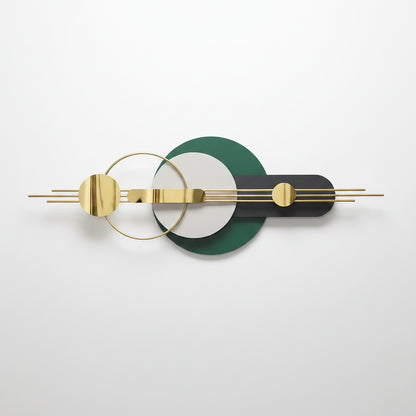 Geometric brooch with gold, green, and black design on a light gray background