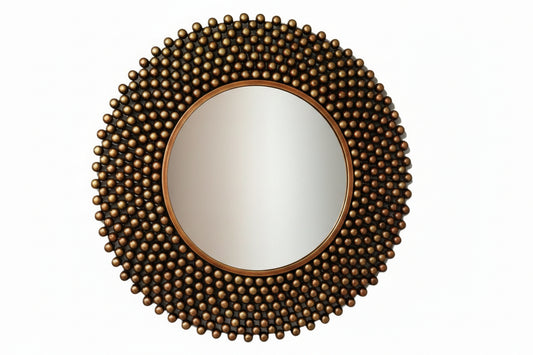 A wall mirror with a bronze-colored metal frame, featuring a round shape and a textured surface with spherical protrusions.