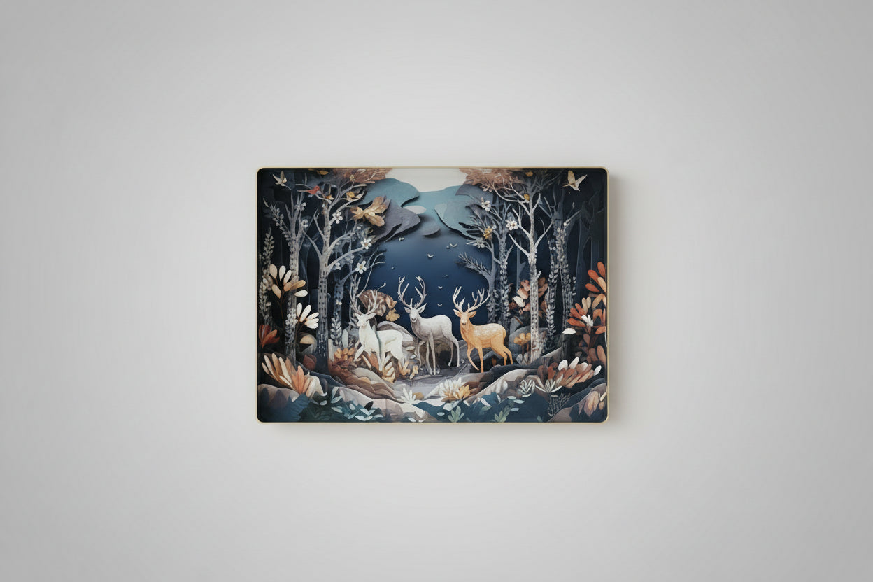 A decorative wall hanging painting featuring a forest scene with reindeer.