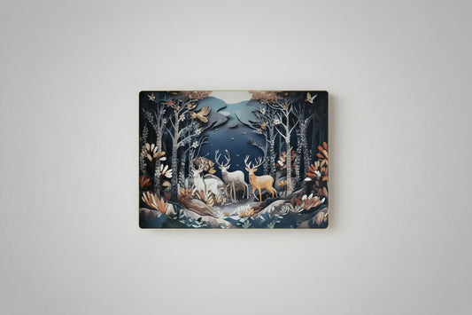 A decorative wall hanging painting featuring a forest scene with reindeer.