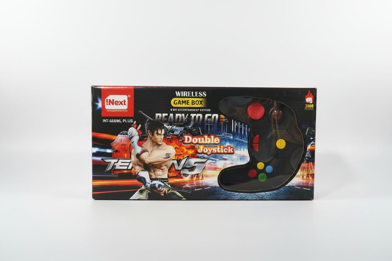 Packaging for a Wireless Game Box with a graphic of a fighter and two wireless joysticks displayed.