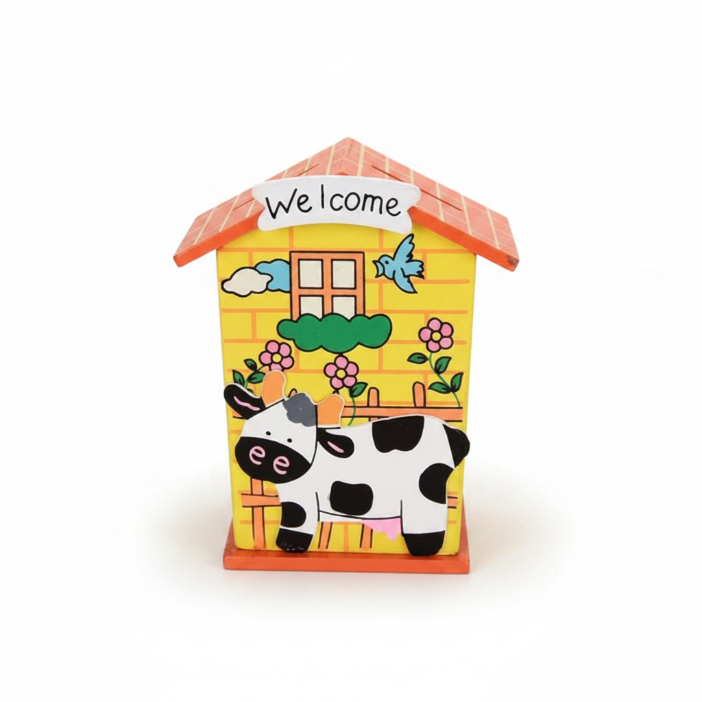 A colorful wooden house-shaped piggy bank with a cow cut-out on the front and a coin slot on the roof.
