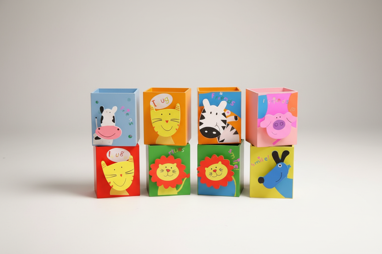 A set of colorful wooden pen stands with animal faces on them, including designs like a cow, zebra, and pig.