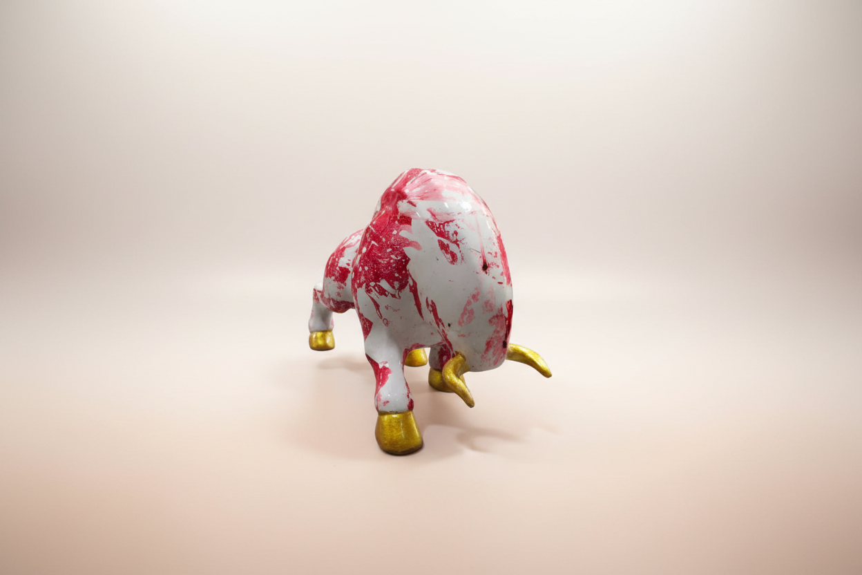 Marble-patterned toy bull with gold hooves on a white background